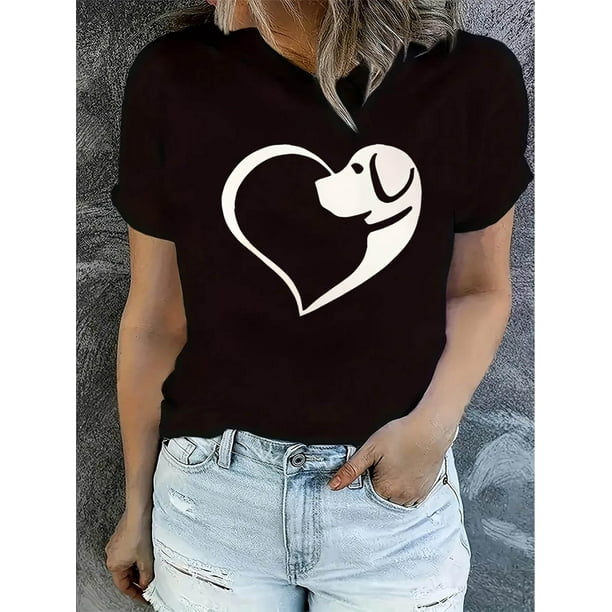 Chic Dog & Heart Print Women's T-Shirt - Casual Crew Neck, Short Sleeve, Stretchy Polyester Blend, Machine Washable - Perfect for Summer, Leisure Style, ALL/Global/All