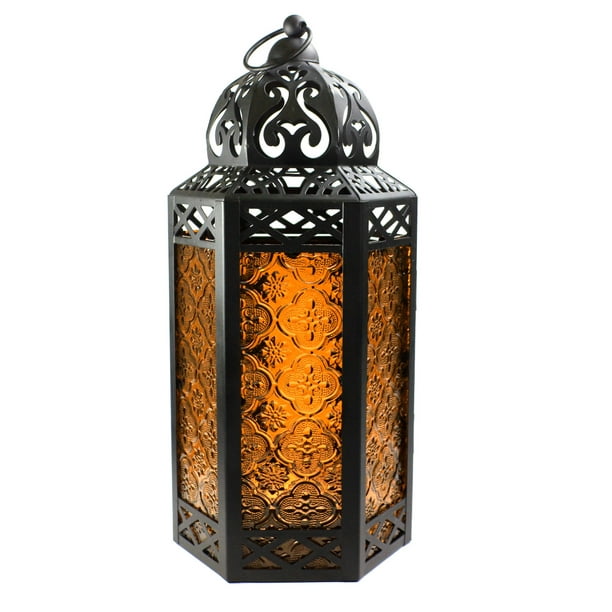 Moroccan Style Candle Lantern with LED Lights, Amber Glass, Large