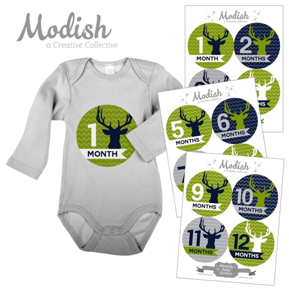 Monthly Baby Stickers, Boy, Deer, Antlers, Woodland, Lime Green, Navy Blue, Baby Photo Prop, Baby Shower Gift, Baby Book Keepsake, Modish Labels