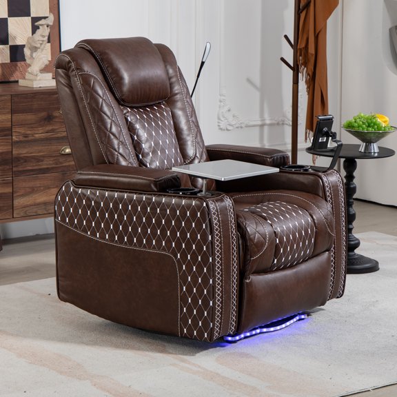 62" Zero Gravity Recliner Chair With Storage Box, USB, Cup Holder, Tray Table & Phone Stand, Brown Leather Home Theater Seating