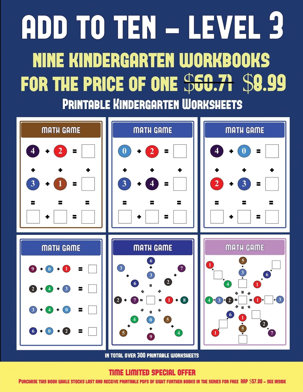 printable kindergarten worksheets printable kindergarten worksheets add to ten level 3 30 full color preschool kindergarten addition worksheets that can assist with understanding of math series 9 paperback walmart com