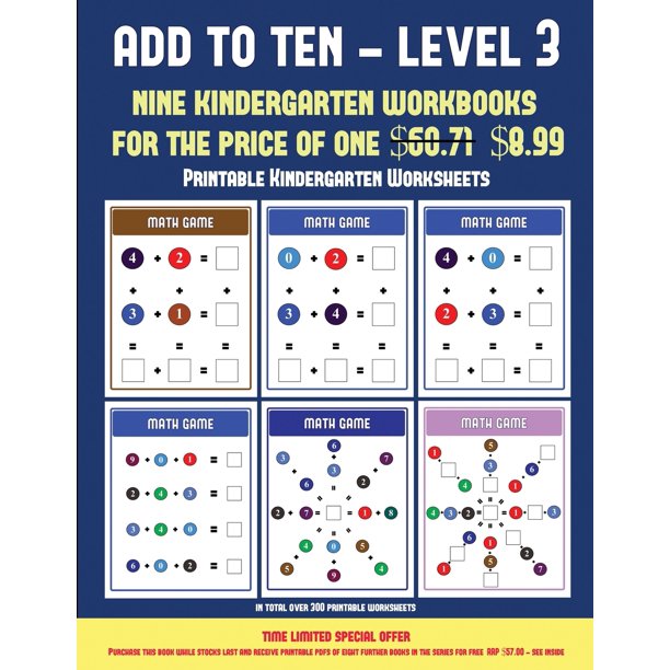 printable kindergarten worksheets printable kindergarten worksheets add to ten level 3 30 full color preschool kindergarten addition worksheets that can assist with understanding of math series 9 paperback walmart com