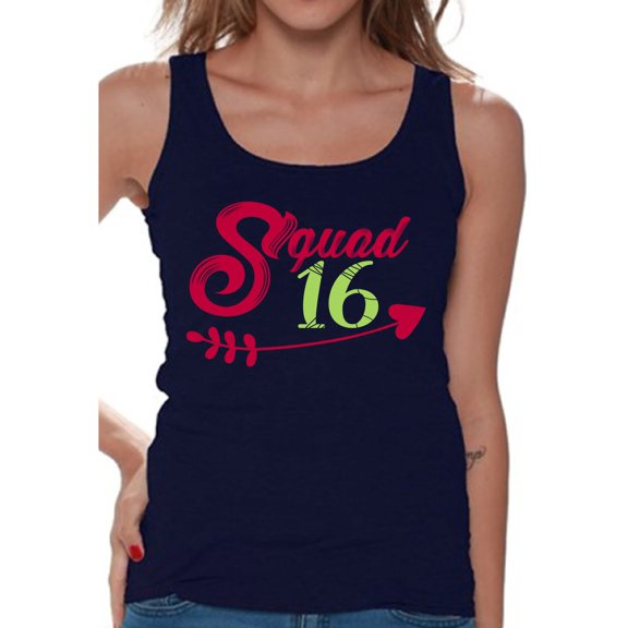 Awkward Styles Squad 16 Tank Top for Ladies Squad Sixteen Tanks for Girls Lovely Birthday Girl Shirt Birthday Gifts for Teens I am 16 T-Shirt for Her Sweet 16 Party Clothing Pink Prints Teen Party