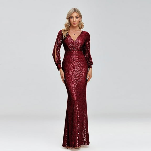 2023 New Women Elegant V-neck Mermaid Evening Dress Floor Length Formal Prom Party Gown Sequins Long Sleeve Galadress Vestidos