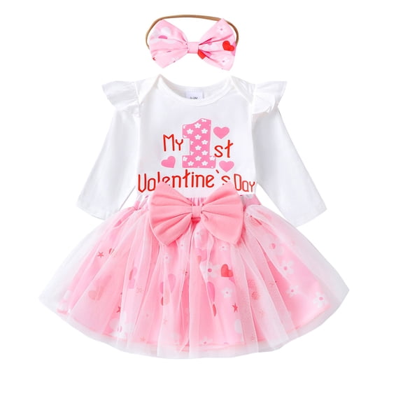 Mercatoo Baby Girl 1st Valentine Outfits Ruffl1 Sleeve Rompe1 & Tulle Tu11 Skirt & Headband Newborn Infant Cute Heart Clothes Set