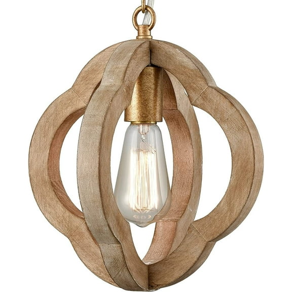 Farmhouse Brown Wooden Pendant Light Fixture Antiqued Gold Finish