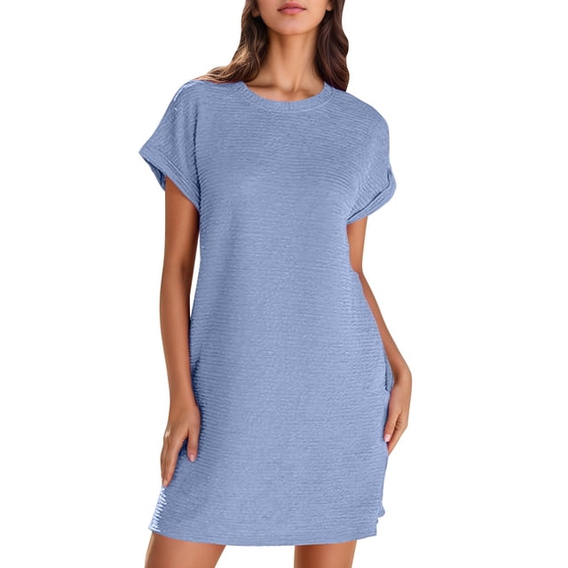 Lenpel Robe T-Shirt pour Femme, Couleur Unie, Manches Courtes, Col Ras du Cou, Robe Tunique, Été, Décontractée, Mini, avec Poches