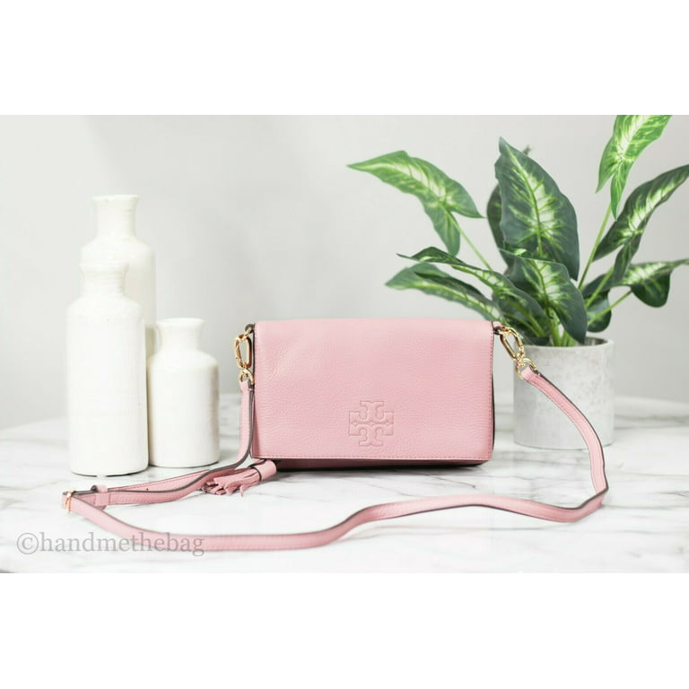 Tory Burch (67291) Thea Mini Pebbled Leather Foldover Crossbody Bag Clutch  Handbag (Pink Magnolia)