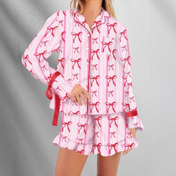 Uaswgudfs Women's Printed Long Sleeve Striped Bowknot Pajama Set, Comfortable Sleepwear Button Front & Elastic Waist Shorts