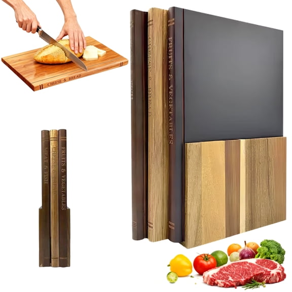 MACTANO Book Cutting Board Set, 100% Acacia Wooden Kitchen Book Shaped Cutting Board with Stand