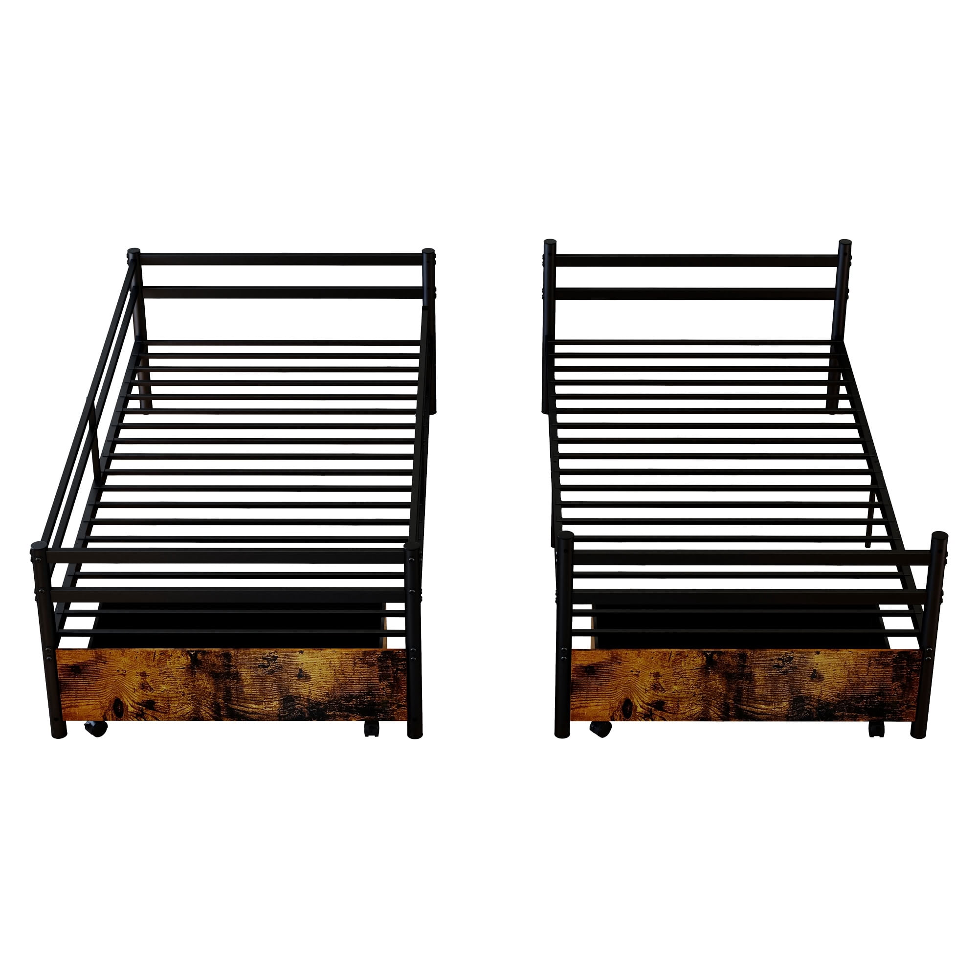 MAYEERTY Metal Bunk Bed with Drawers, Heavy Duty Twin Over Twin Bed Frame with High Guardrail and Ladder, Noise Free Under-Bed Storage Space