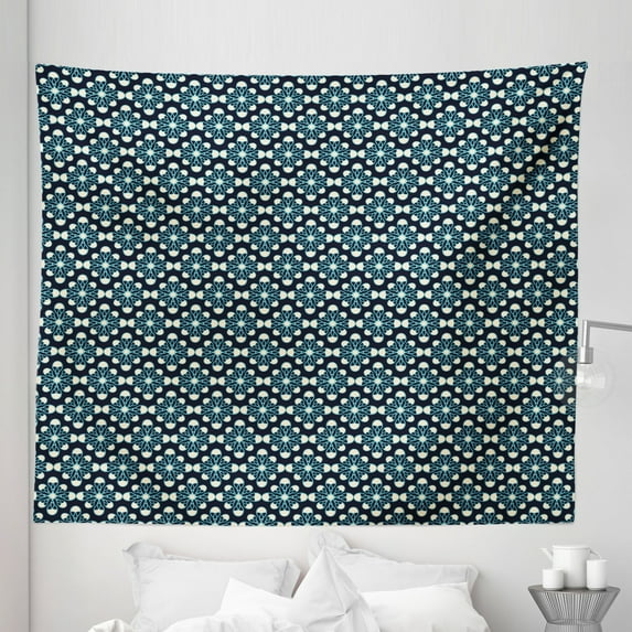 Geometric Tapestry, Floral Pattern Dark Tones Plant Nature Inspired Blossoming Spring Flowers, Fabric Wall Hanging Decor for Bedroom Living Room Dorm, 5 Sizes, Blue Cream Black, by Ambesonne