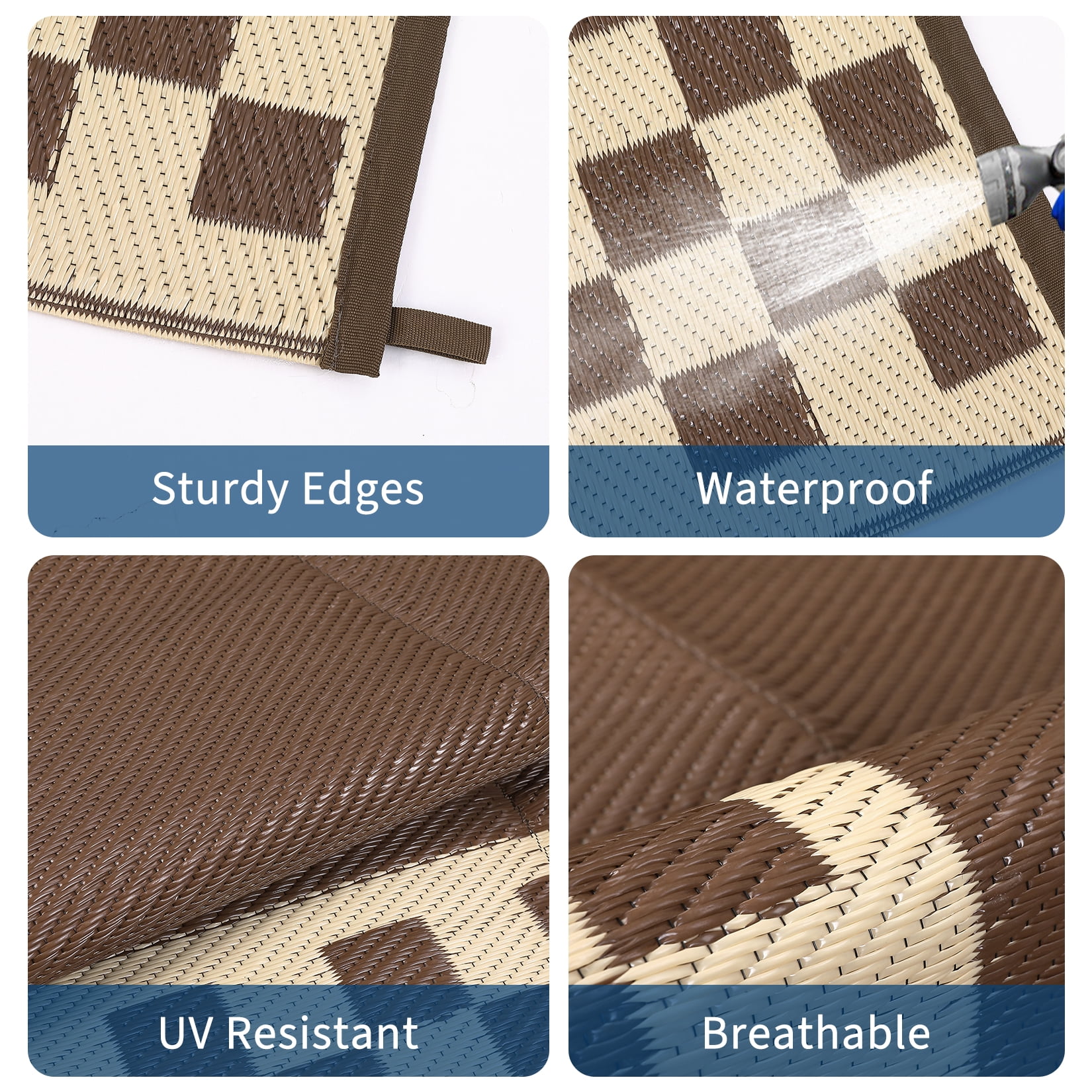 HIWEAVER 9' x 12' Brown Outdoor Rug PP Plastic Straw Woven Waterproof Patio Rug with Border Portable Outside Carpet for Balcony Deck Picnic Garden Decor
