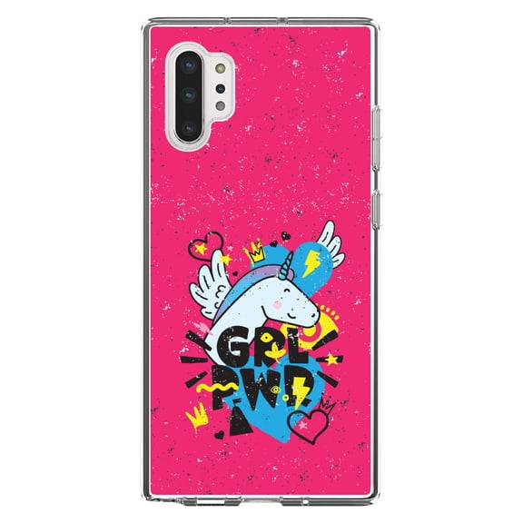 DistinctInk Clear Shockproof Hybrid Case for Galaxy Note 10 PLUS (6.8" Screen) - TPU Bumper, Acrylic Back, Tempered Glass Screen Protector - Girl Power - GRL PWR - Unicorn Hearts Graffiti