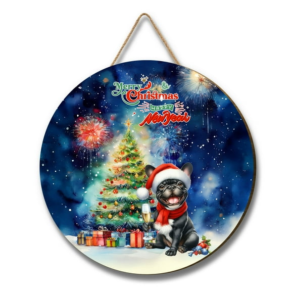 Merry Christmas and Happy New Year Santa French Bulldog Holiday Xmas Winter Round Wood Sign Dog Lover Gifts Hanging Wall Home Decor - 00024