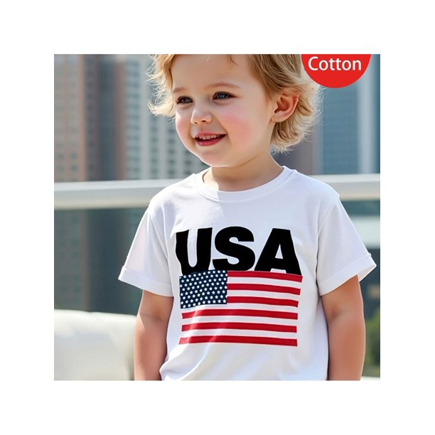 Independence Day 1pc New Summer Girl Usa Flag Print On White Short Sleeved 100% Cotton T-shirt Comfy Casual Tees For Girls