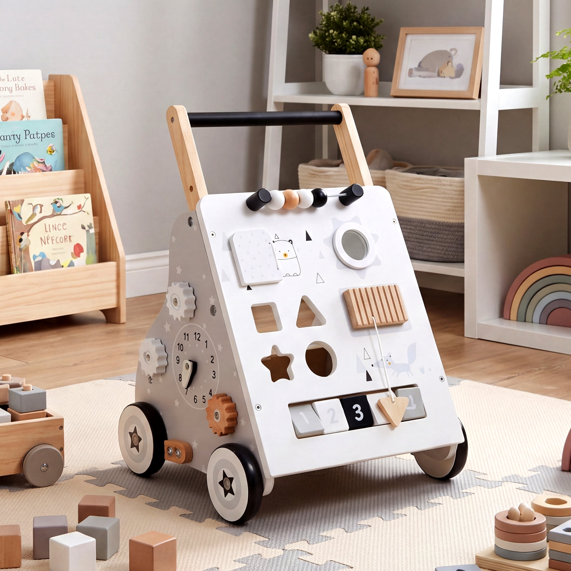 Jolie Vallee Wooden Baby Walker,Push Walker with Activity Center,Push Wlakers for Babies 12 M+,Adjustable Speed and Height Walkers for Boys/Girls