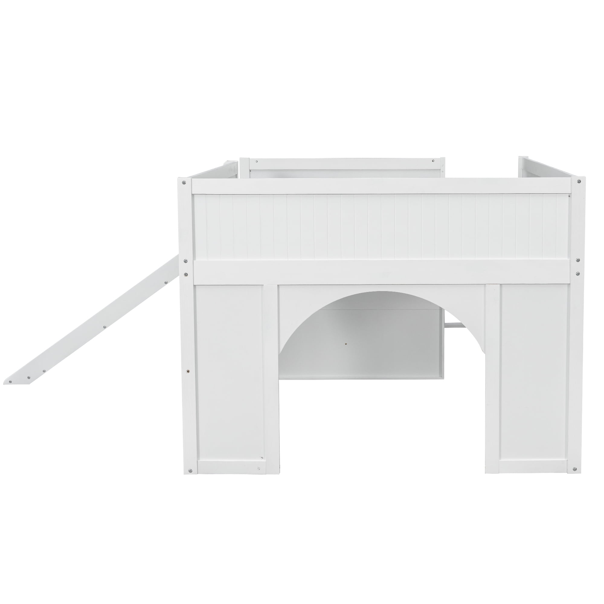 Euroco Full Size Loft Bed with Shelves and Ladder, Low Profile Wood Bed with Door and Window Design, White
