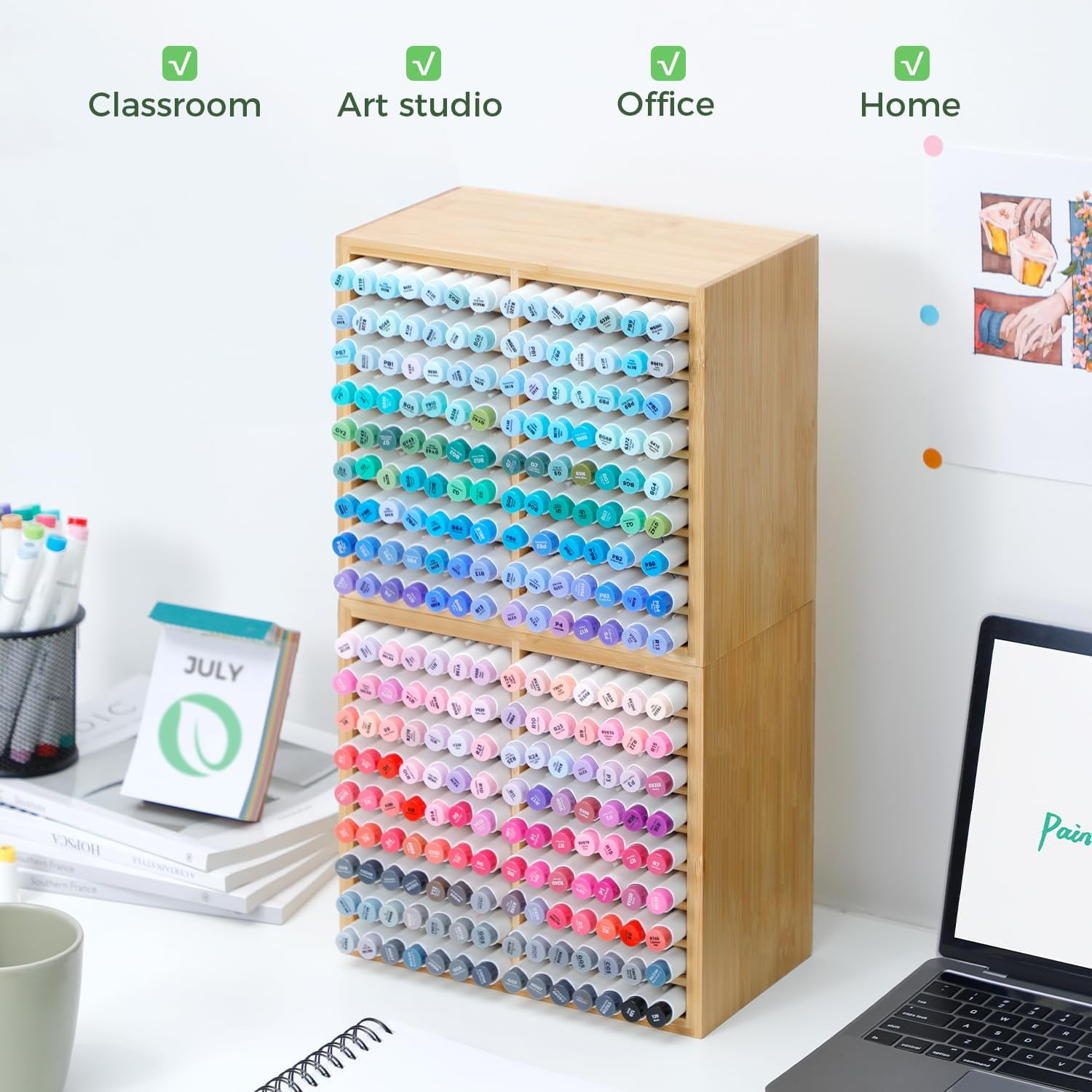 Ohuhu Bamboo Marker Organizer, Holds 126 Markers or Brushes, 18-Compartment Desktop Holder for Home