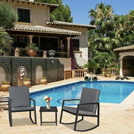 Rectangular Garden Table And Chairs 3 Pieces Bistro Set, Wicker Patio Furniture with 2 Rocking Chairs and Glass Side Table, Patio Rocking Chair Bistro Set for Outdoor, Yard, Garden, All-Weather Rocking Chair, Black Lounge Chair, W2138 ()