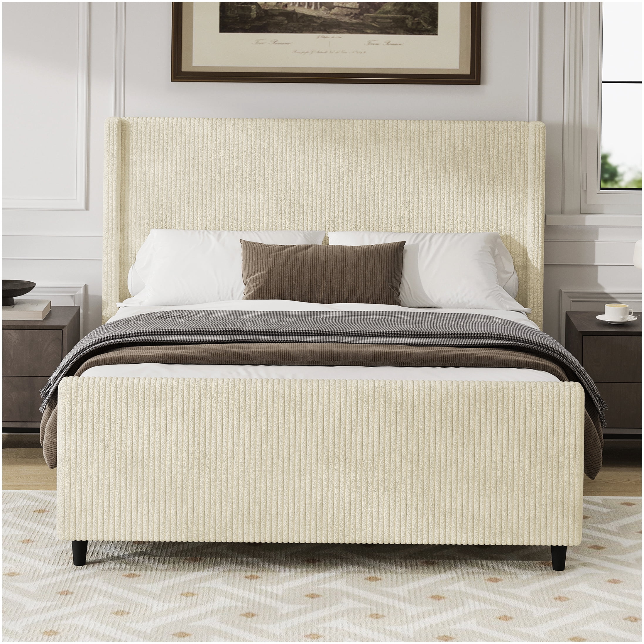 Modern Cream Corduroy Upholstered Queen Bed, Wingback Headboard Platform Frame with Storage Space