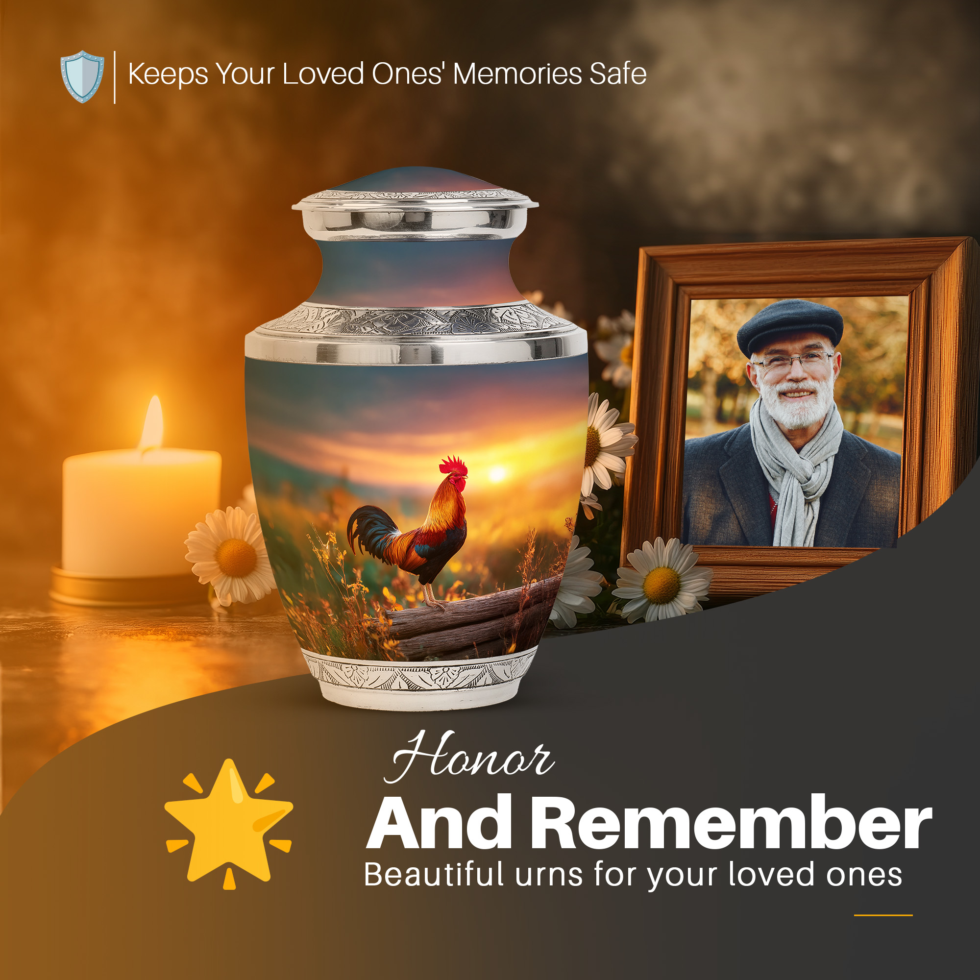 Yatskia Sunset Rooster Urns for Human Ashes Adult Man, Mini Decorative Urns for Adult Ash, Large Burial Urn for Ashes for Women, (Tasty 10 Inch and 3 Inch)