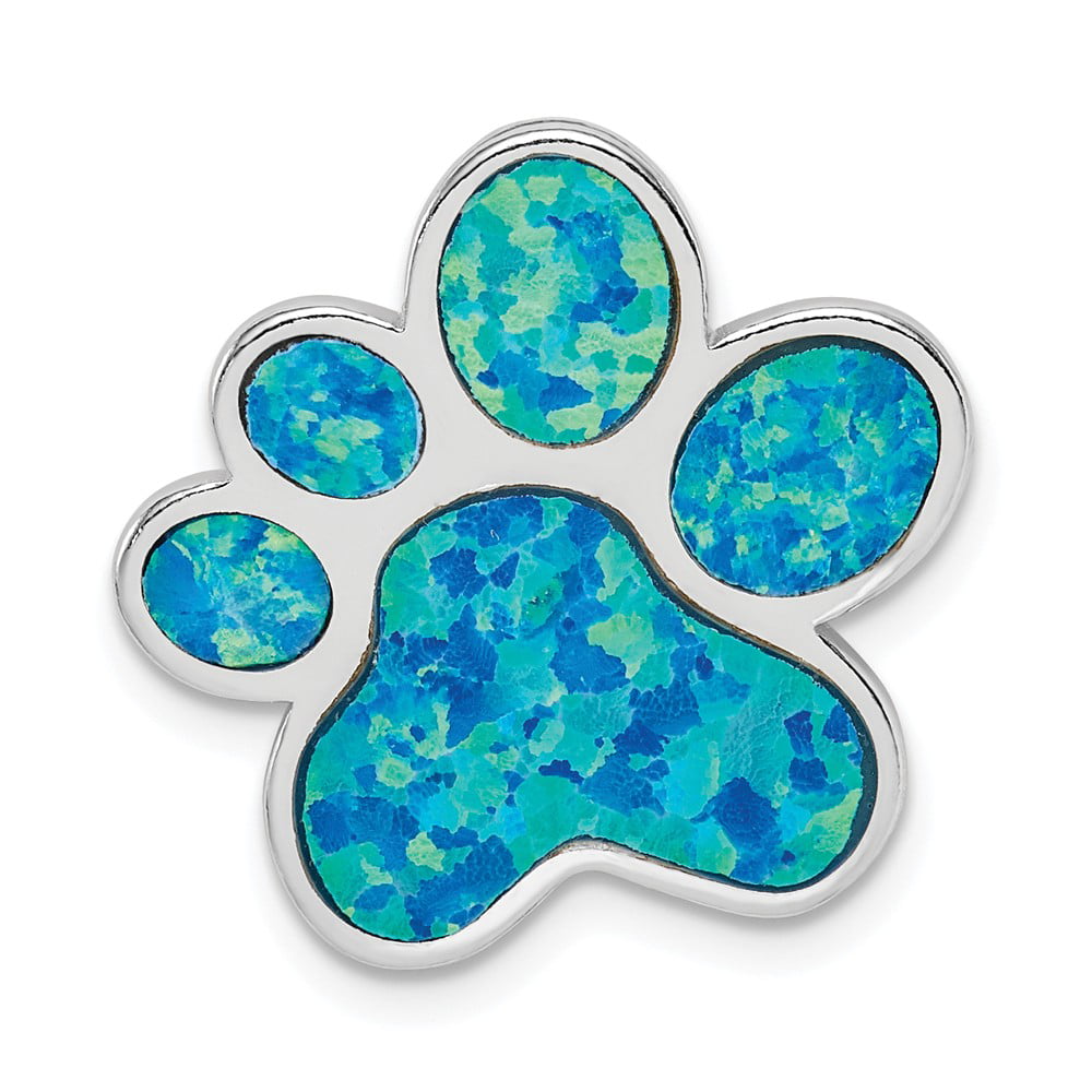 Solid 925 Sterling Silver Created Opal Inlay Paw Print Chain Slide Pendant Charm