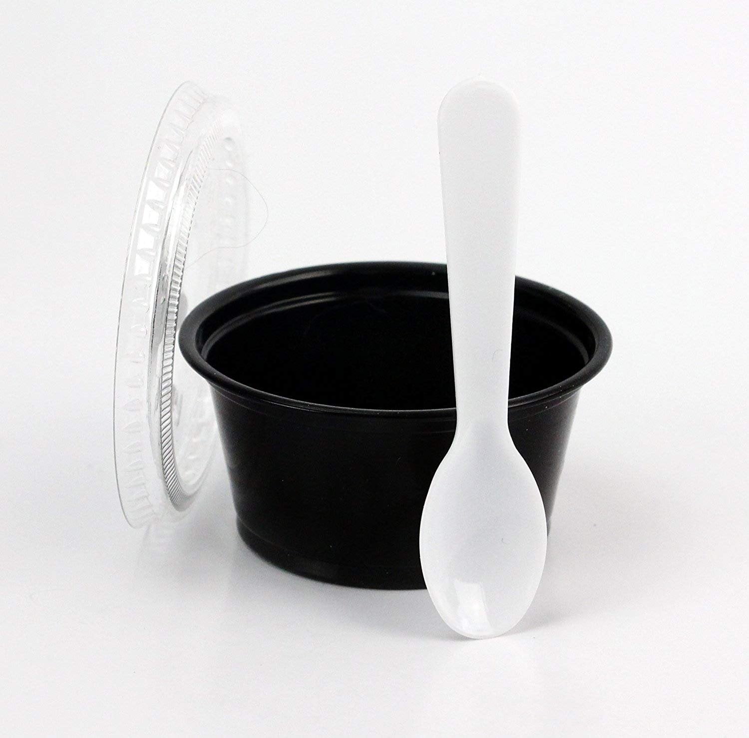 Disposable Black 2oz Plastic Condiment Cups with Lids and 3" Sampling