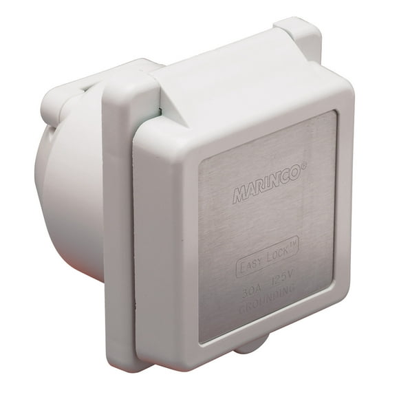 Réceptacle Maro 301ELRV pour Usage Extérieur/intérieur; Puissance 125 Volts/30 Ampères; Interrupteur de Défaut Sans Sol; Réceptacle Unique; Blanc; Résistant aux Flammes UL94V0 Boîtier Arrière en Plastique/acier Inoxydable; avec Capuchon