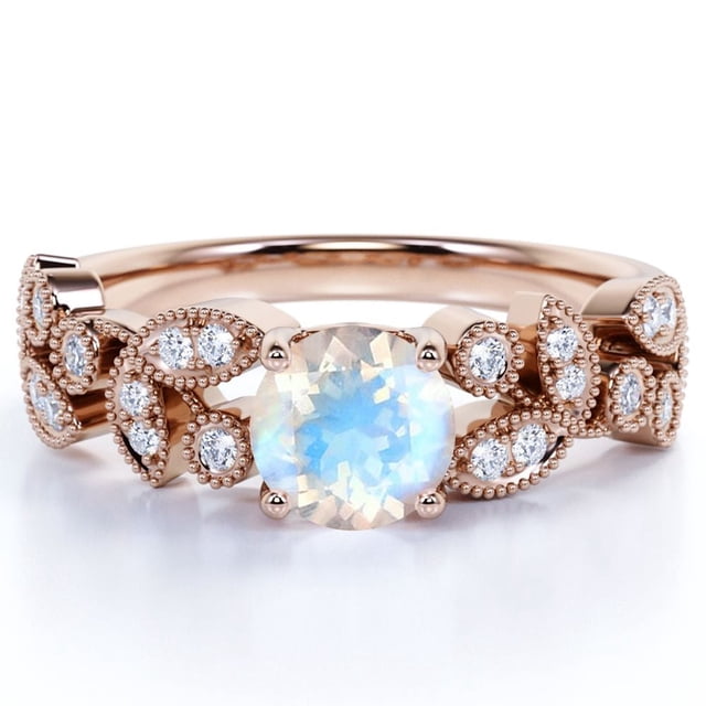 JeenMata Anillo de Compromiso Vintage con Piedra Lunar Arcoíris y Moissanita Auténticas Redondas de 1,09 Uds en Oro Rosa de 18 K sobre Plata