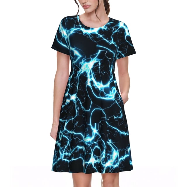 Bixox Robe d'Été à Manches Courtes pour Femmes Robe Ample Longueur Genou avec Poches-Éclair