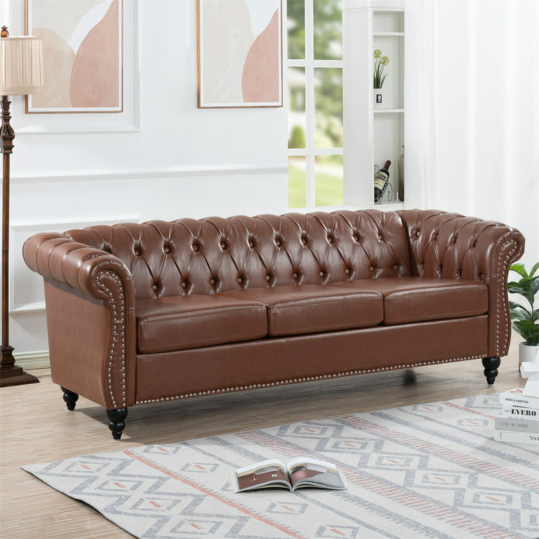 84Rolled Arm Chesterfield Sofa Couch, Modern 3 Seater Sofa Couch, Luxious  Leather Couch with Thicken Seat Cushions and Button Tufted Back,  Chesterfield Couch with Nailhead Trim, Black+PU 