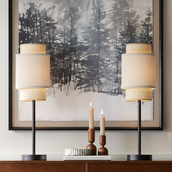 360 Lighting Tull 27" Tall Modern Table Lamps Set of 2 USB Port AC Power Outlet Black Metal Living Room Charging Tan Tiered Shade