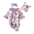 thumbnail image 2 of Bellafa Baby Girls' Flared Long Sleeve Flower Jumpsuit Newborn Girls Ruffle Bodysuit+ Floral Hat +Headband 3 piece Romper Set For 0-18M Clothes, 2 of 8