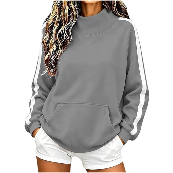 SEROYE Women's Colorblock Sweatshirt Mock Neck Long Sleeve Loose Top with Pockets Casual Sporty Fall Winter Pullover (L, Gray)