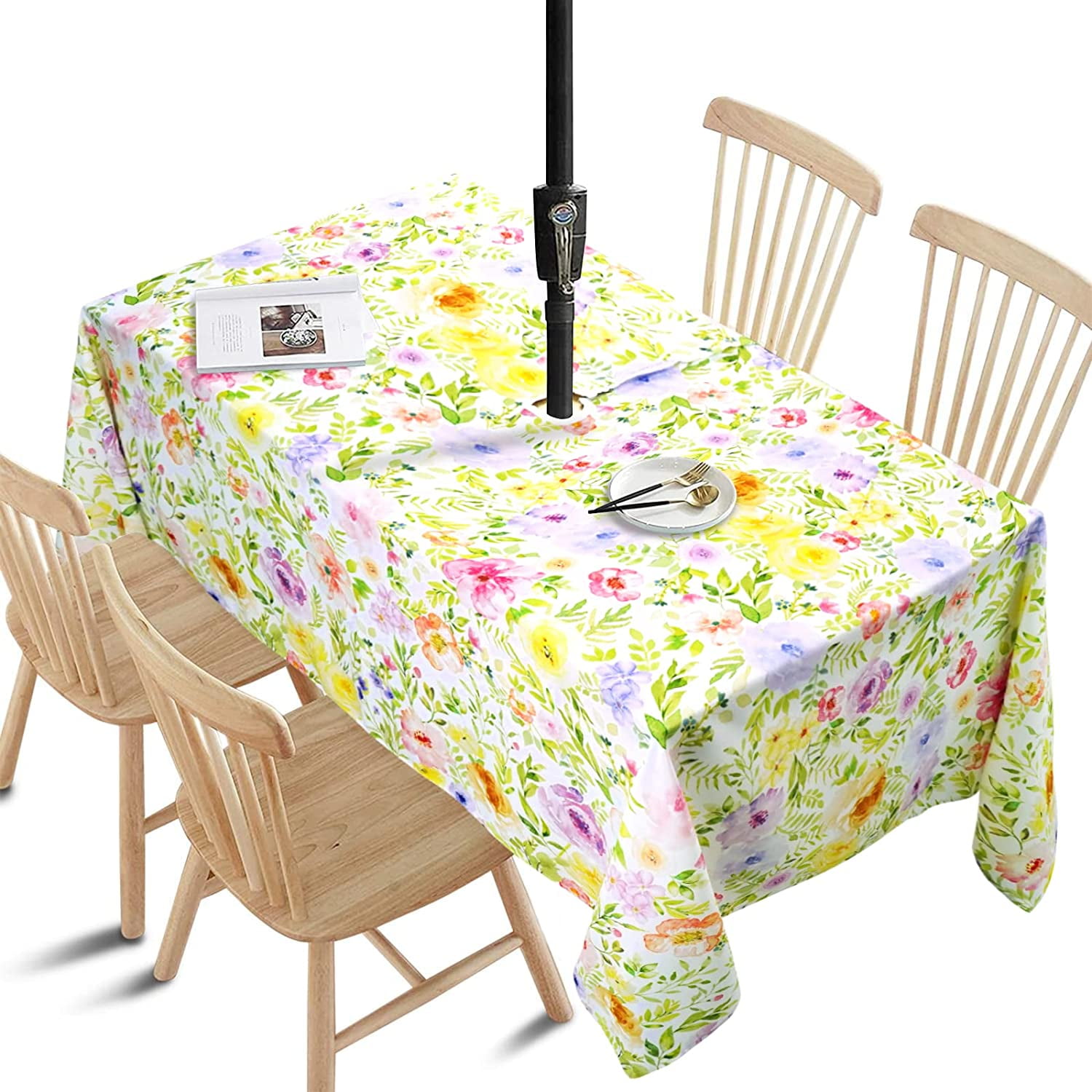 Spring Outdoor Tablecloth with Umbrella Hole 60x84in Floral Waterproof