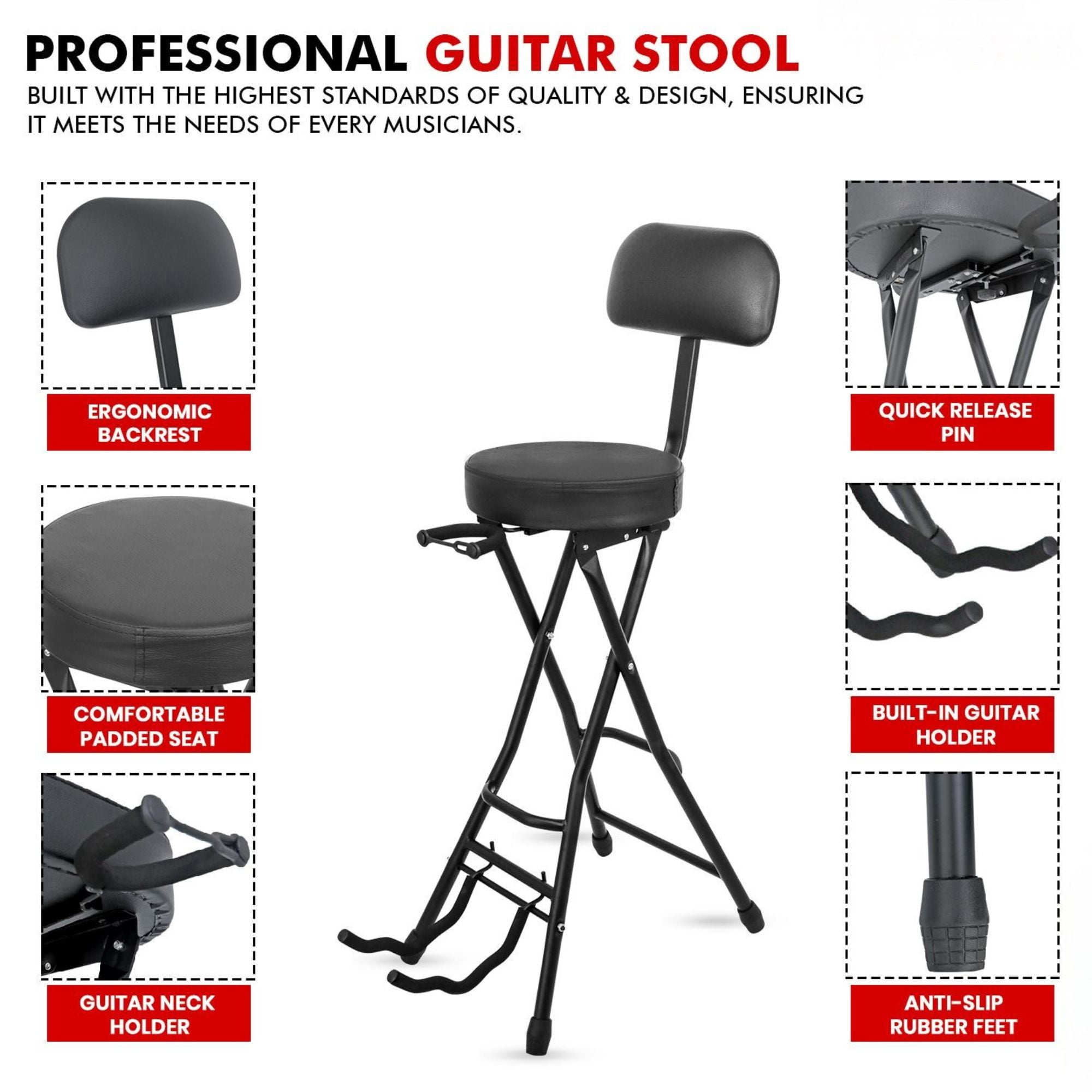 3-in-1 Adjustable Guitar Stool with Padded Seat & Built-in Stand