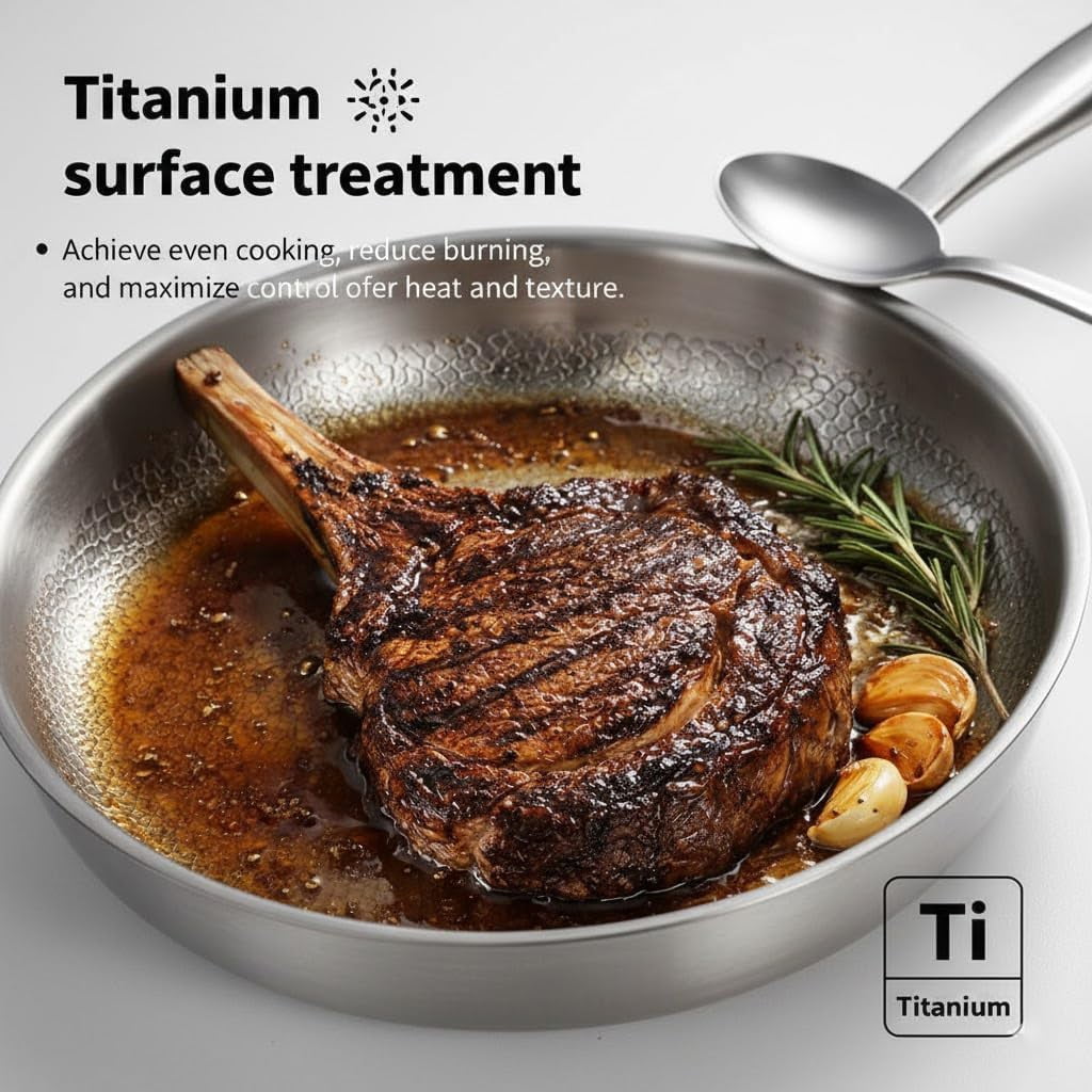 Titanium Pan, 12" 100% Pure Titanium Frying Pan with Lid, Hammered Non-Stick Skillet for All Stovetops, Professional Lightweight Cookware for Healthy Searing & Daily Cooking (11.8 in, With Lid)