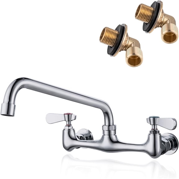 Commercial Wall Mount Faucet for Kitchen 8 Inch Center Sink Faucet 10 Inch Swivel Spout Dual Handle Wall Mounted Faucets for Kitchen Utility Laundry Room Restaurant (Include 90 Degree Adapters)