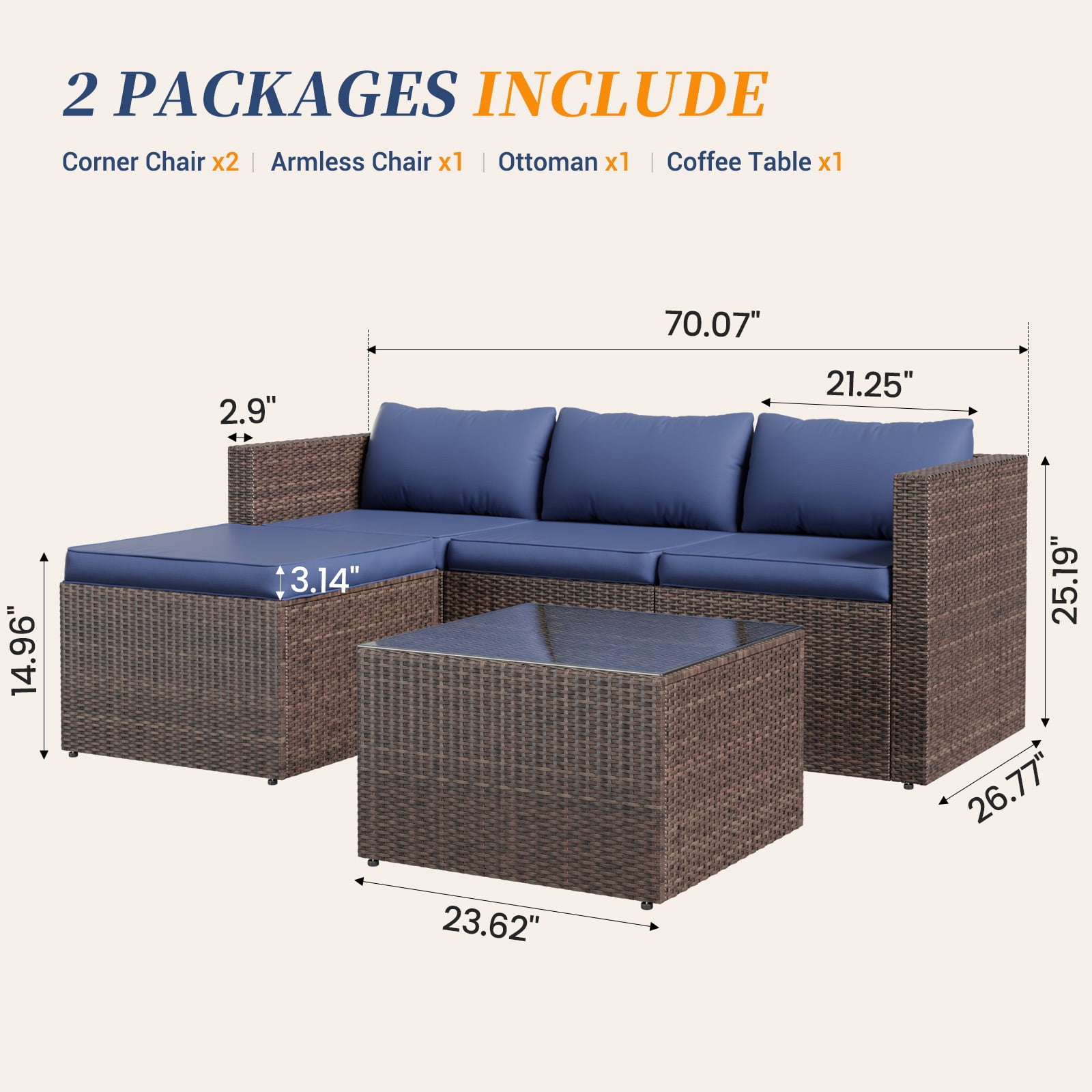 ELPOSUN 5-Piece Patio Furniture Set,Patio Conversation Set All-Weather Wicker Outdoor Sectional Sofa Set with Table & Cushions, Blue