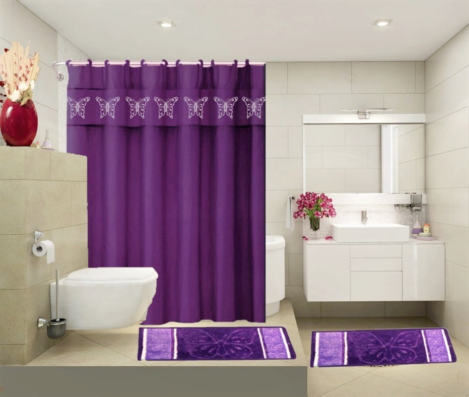 Pink Rose Butterfly Bath Mat Toilet Cover Rug Shower Curtain Bathroom Decor 