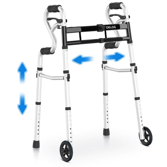 Andador plegable estrecho Delog para personas mayores, 3 en 1, con ruedas delanteras de 5", ancho ajustable, compacto y estándar, soporta hasta 350 lb, apto para FSA/HSA.
