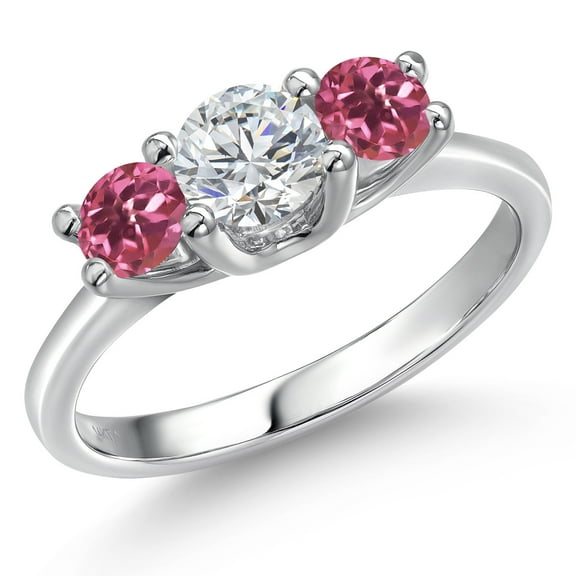 Gem Stone King 14K White Gold White Lab Grown Diamond & Pink Tourmaline 3-Stone Engagement Ring | 1.00 Cttw | Round 5MM and 4MM | Three Stone Wedding Anniversary Promise Ring for Women (Size 9)
