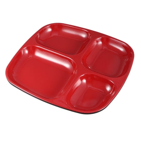 

4 Grid Separating Dish Divided Compartments Plate Anti-fall Imitated Ceramic Rice Tray Practical Tableware for Home Restaurant (Red and Black)