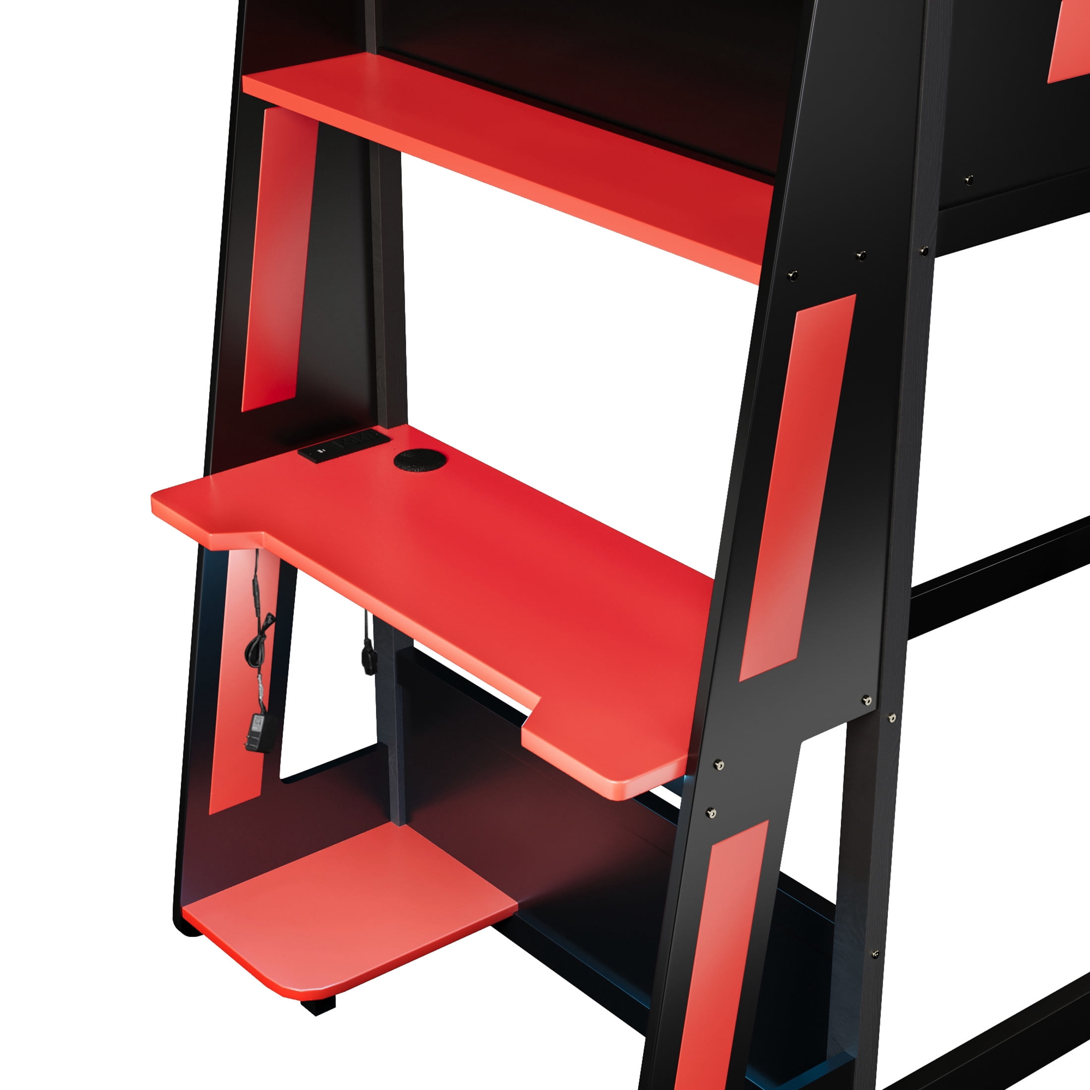 Noble House Nira Twin Gaming Bunk Bed with Desk and LED Lights, Wood Loft Bed with Charging Ports, Black and Red