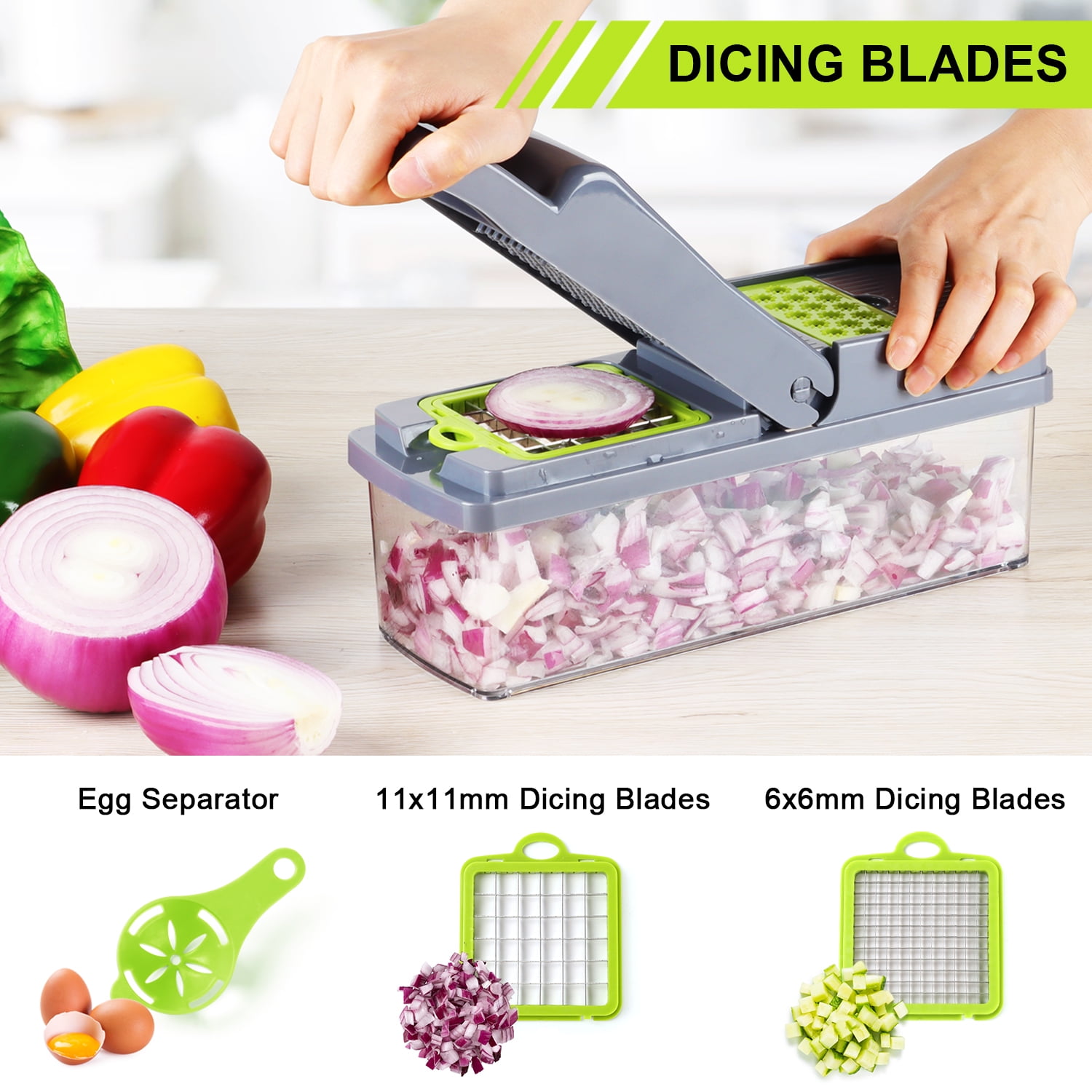 Vesteel 14 in 1 Vegetable Chopper, Multifunctional Food Chopper Vegetable Fruit Cutter Dicer Slicer with 8 Blades, Onion Chopper with Container & Drain Basket