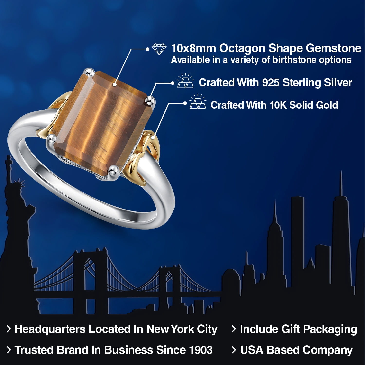 Gem Stone King 925 Silver and 10K Yellow Gold Brown Tiger Eye Solitaire Engagement Ring for Women | 3.00 Cttw | Emerald Cut 10X8MM | Gemstone Birthstone | Size 8