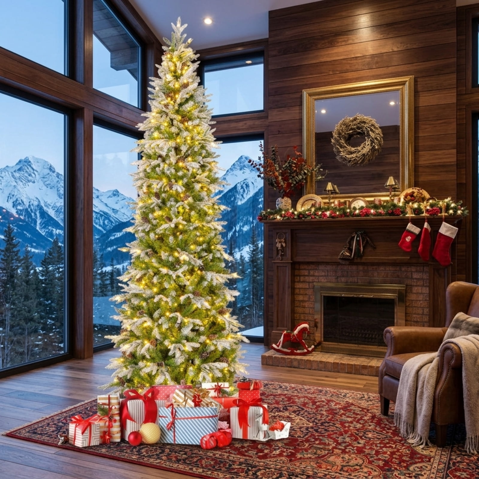 RUIE 9 ft Snow Flocked Christmas Tree, Tall Pre-Lit Green White Xmas Tree with 470 LED Lights, 1310 Branch Tips and 98 Pine Cones