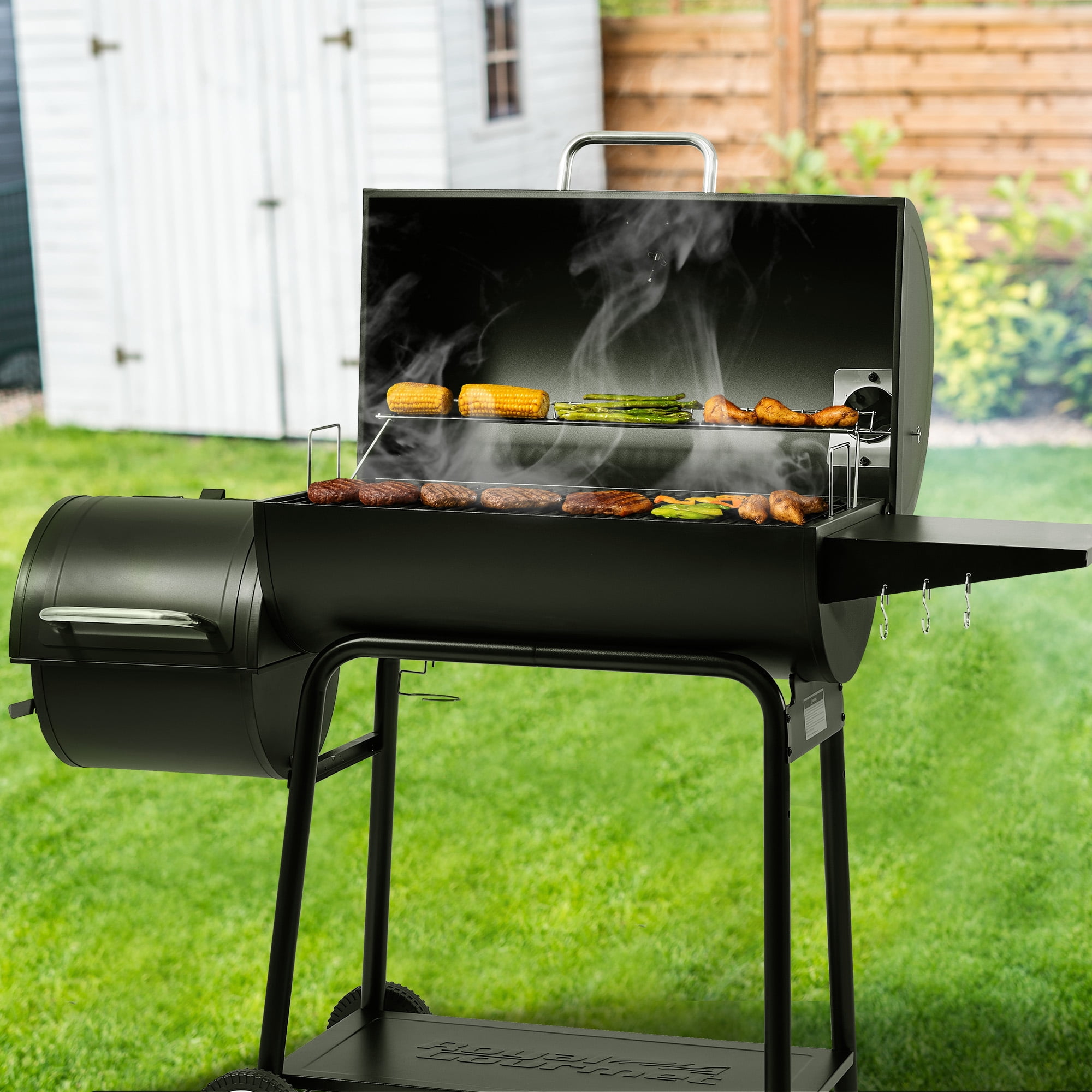 Royal Gourmet CC1830M 30-Inch Barrel Charcoal Grill with Offset Smoker, Sturdy Side Shelf with Hooks, for Outdoor Backyard, Patio and Parties, Black