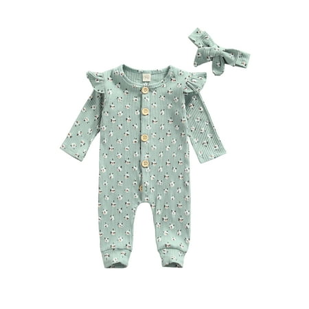 

IZhansean Newborn Baby Girl Floral Jumpsuit Ruffle Long Sleeve Romper with Headband 2Pcs Outfits Green 18-24 Months